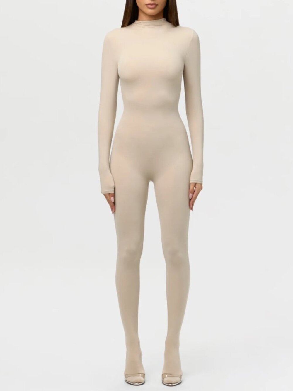 Naked Wardrobe Naked Closed Toe Jumpsuit Taupe Fitted Bodycon Mock Neck Sz S NWT
